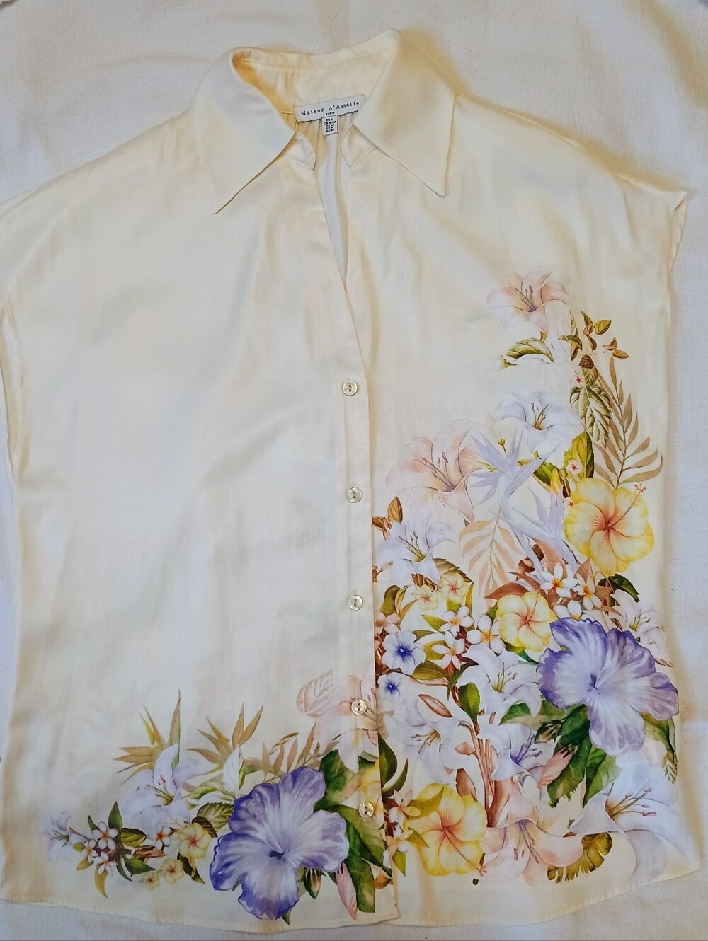 Maison d'Annelle Cream Floral Button-Up Blouse Ivory w/ Soft Floral Front & Back